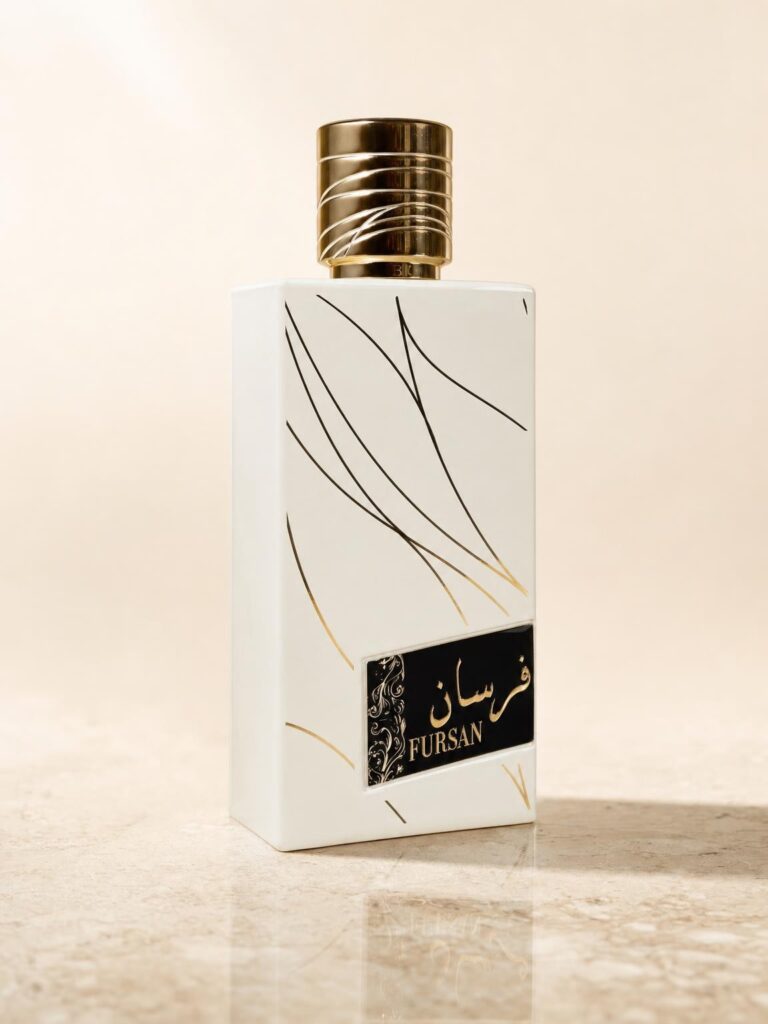 Fursan white perfume bottle with gold lines